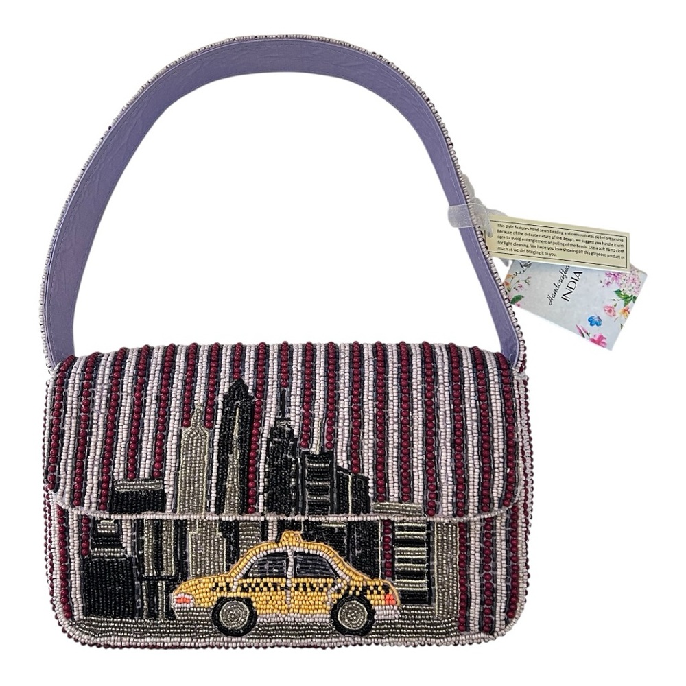 Beaded Shoulder Bag Purse NYC Cityscape w/ Taxi Handmade Viral NWT